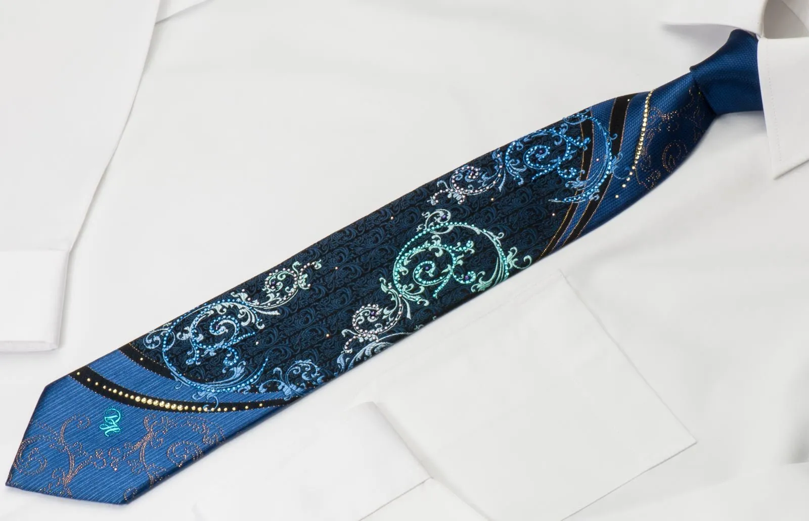 Danie Hechter Rhinestone Necktie Vines On Navy Blue With Golden Sparkles