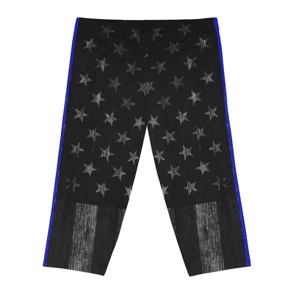 Thin Blue Line Distressed Flag Women's Capri Leggings